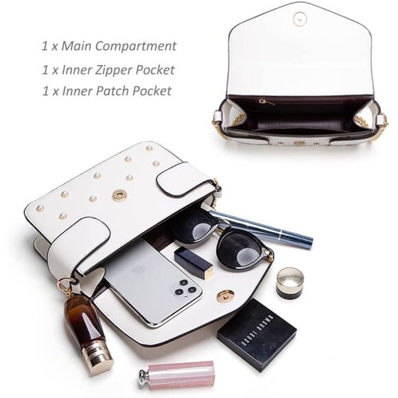 Designer Bee Purse Black PU Leather Crossbody Bag with Pearl, Versatile Carrying - Picture 2 of 6